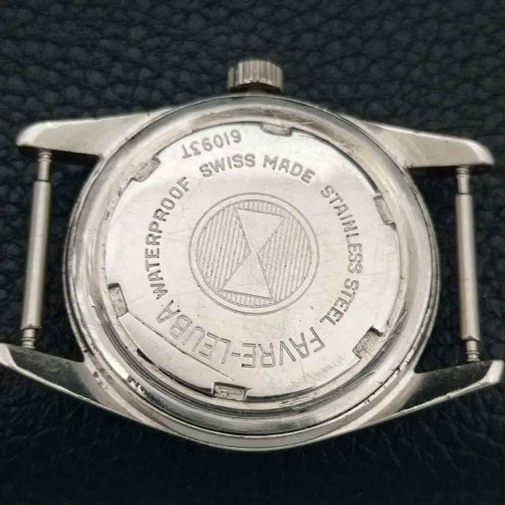 Vintage 1972 Favre Leuba Manual Mens Silver Watch W/Black Strap
